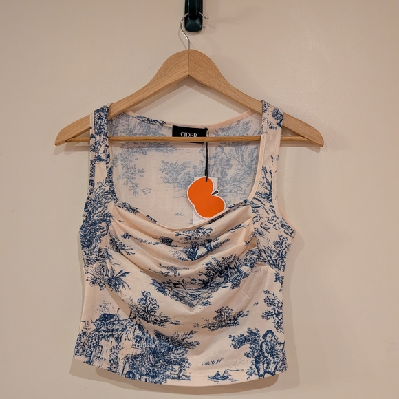 Cider Tops - Cider Cream and Blue Patterned Crop Top